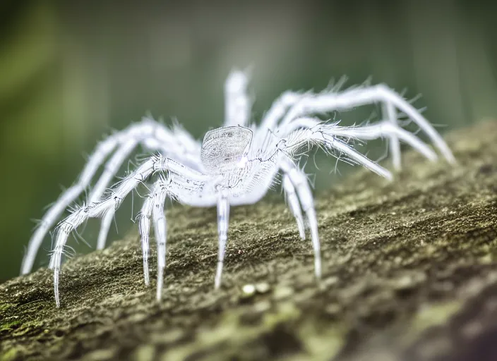 Image similar to super macro of a clear white crystal spider with cybernetics, in the forest. Fantasy magic style. Highly detailed 8k. Intricate. Nikon d850 300mm. Award winning photography.