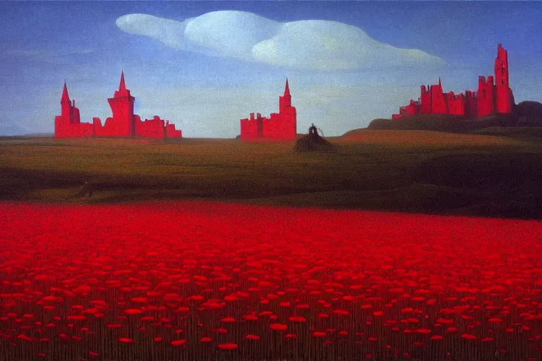 Image similar to only with red, red flowers of different types, a castle in the background, red giants rest over the flowers, in the style of beksinski, part by hopper, part by rodcenko, part by hofbauer, intricate composition, red by caravaggio, insanely quality, highly detailed, masterpiece, red light, artstation, 8 k