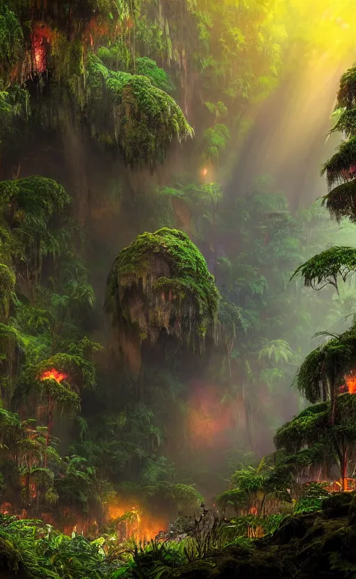 Image similar to a beautiful render of a dark prehistoric rainforest in a humongous cave, lush flora, patches of yellowish - red - magenta sky, sunset lighting, fireflies, floating mountains and a waterfall in the background, intricate detail, hazy, humid, volumetric lighting, god rays, 8 k, photorealistic, raytracing effects, unreal engine 5