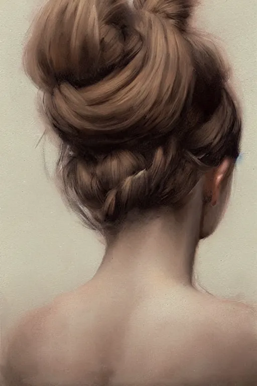 Prompt: girl with messy bun hairstyle, back view, tattoo sleeve, jeremy lipking, joseph todorovitch