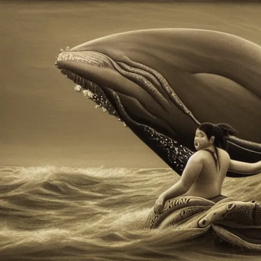 Image similar to maori girl riding a whale in ocean ,in the rain, style of Hiroshi Sugimoto ,atmospheric illustration, horror