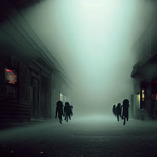 Image similar to mob of faceless shadow zombies. high angle from 2 nd floor cinematic movie photograph looking down diagonally across a spooky dark very foggy main street intersection in an abandoned small town at night, muted greens muted yellows color palette. dozens of faceless ghouls walking towards us menacingly through the dense fog. 2 point perspective. overrun with dark zombie shadows.