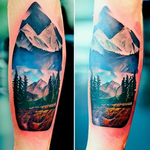 Prompt: double - exposure tattoo of megan fox and beautiful mountains, in the style of dan mountford