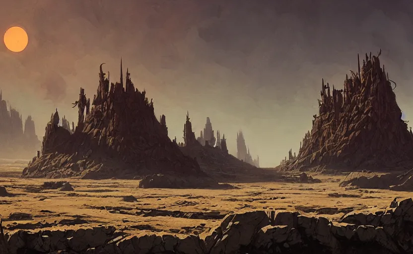 Image similar to flat wastelands, sharp rock spikes, greg rutkowski, brom, james gurney, mignola, craig mullins, alan lee