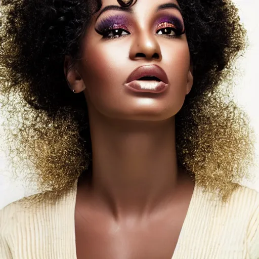 Image similar to a gorgeous black woman photo, beautiful face, professionally retouched, realistic, full body shot, curly hair, sharp focus on eyes, high definition, intricate, elegant, fashion editorial, vogue, black art