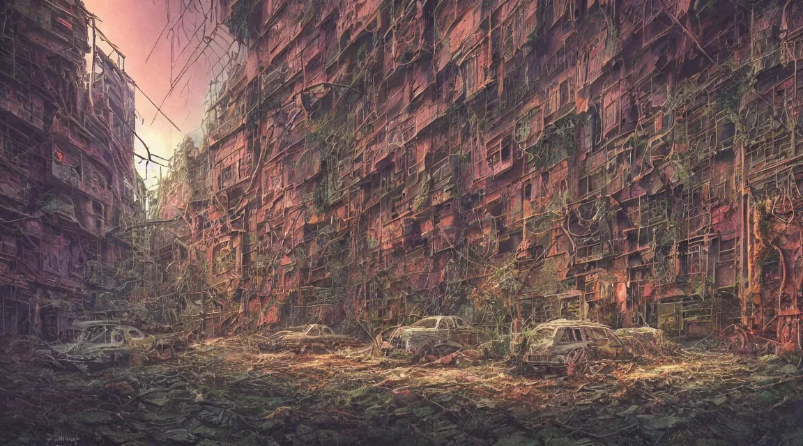 Prompt: Very very very very highly detailed photo, post apocalyptic building, synthwave neon retro, by Vladimir Manyukhin, by Simon Stålenhag, by Zdzisław Beksiński, by Guido Borelli, by Nathan Walsh, by Peter Gric, Wild vegetation, mold, deviantart, trending on artstation, Photorealistic, Incredible Depth, vivid colors, polychromatic, glowing neon, geometric, concept art digital illustration panorama, polished, beautiful, HDR Unreal Engine 64 megapixels IMAX Terragen 4.0, 8k resolution concept art filmic complex utopian mysterious moody futuristic