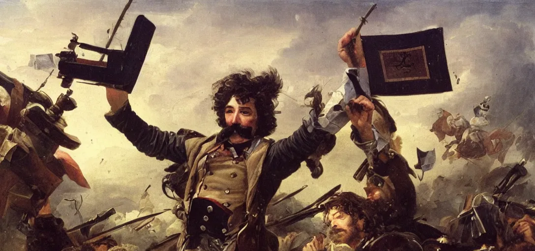 Image similar to a moustached frenchman holding a gpu above his head triumphantly during a battlefield victory, romanticism painting, hyper detailed