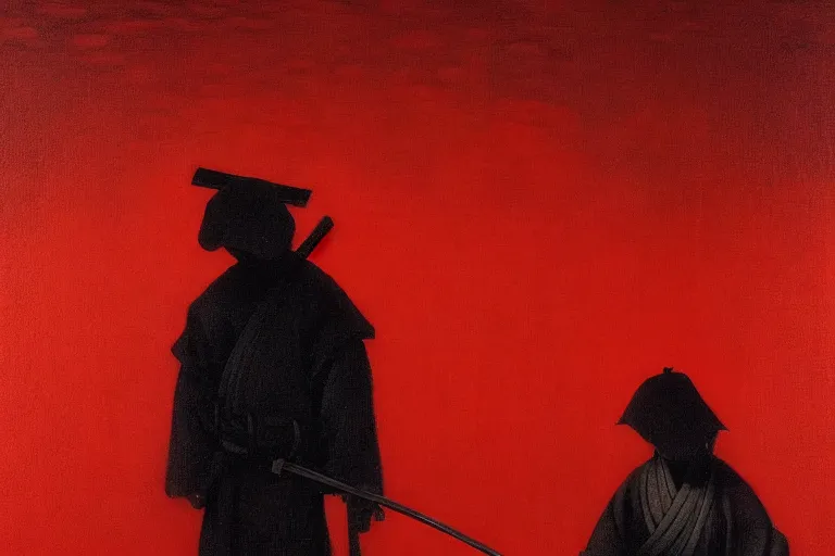 Image similar to only with red, a red samurai harakiri, tokio, a lot of frogs watch, in the style of beksinski, parts by edward hopper, parts by rodcenko, parts by yue minjun, intricate and epic composition, red by caravaggio, insanely quality, highly detailed, masterpiece, red light, artstation, 4 k