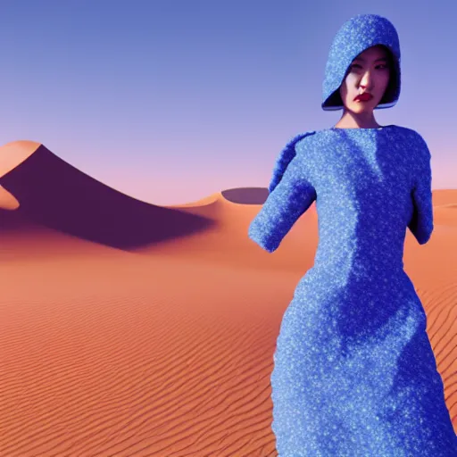 Image similar to innovative avant-garde art, deco fashion, asian women, wearing sky blue dress, highly detailed, photorealistic portrait, serene desert setting, golden hour, crisp quality and light reflections, unreal engine 5 quality render, 4k, by Rei Kawakubo