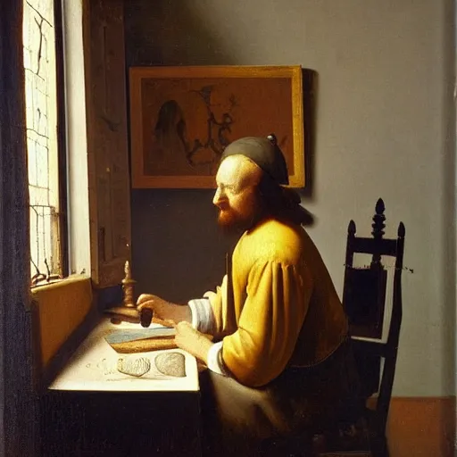 Image similar to An oil painting of a man sat at an escritoire desk with his hand touching an ammonite fossil, there is a window with muntins to his left and a wood closet behind him, in the style of The Astronomer by Vermeer, Dutch Golden Age, Old Masters