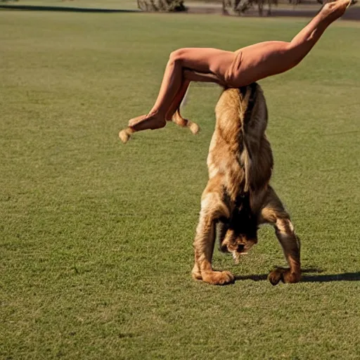 Image similar to an athletic anthropomorphic lioness doing a handstand