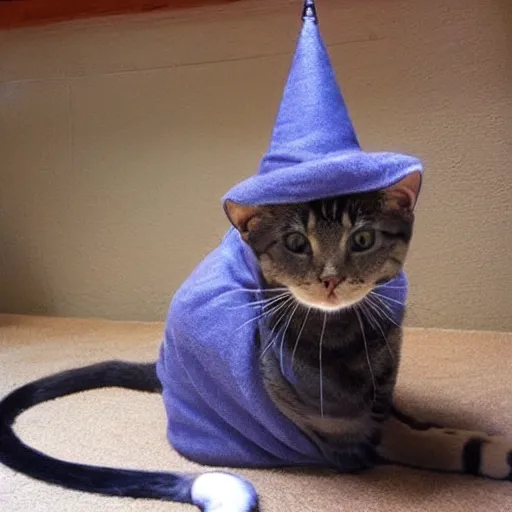 Prompt: beautiful cat with a wizard hat in the shire