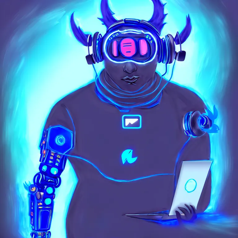 Image similar to an anthropomorphic male blue dragon fursona wearing a cybernetic suit, headphones on his head, laptop, cyberpunk, chubby, furry, soft colors, oil on canvas, digital art, soft lighting