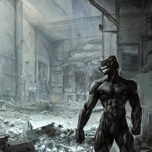 Image similar to a hyper - muscular anthropomorphized male horse with a magnificently muscular physique wearing tactical gear standing in the ruins of a facility, furry art, furaffinity, highly detailed, digital painting, artstation, concept art, magic the gathering, illustration by artgerm, greg rutkowski, wlop