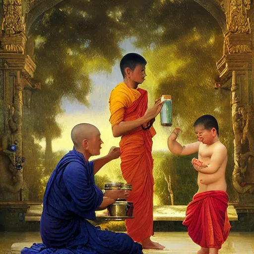 Prompt: old srilankan buddhist monk pouring liquid gold like water into buddhist monk kid head in baroque style, painting by gaston bussiere, craig mullins, j. c. leyendecker, lights, art by ernst haeckel, john william godward, hammershøi,