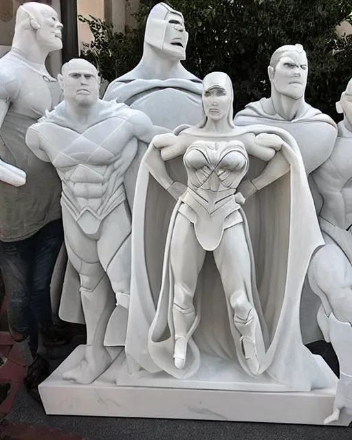 Image similar to a giant white marble sculpture depicting the Justice league, detailed, intricate Marble sculptures of The Superman, Wonder Woman all carved out of one giant Block of Marble