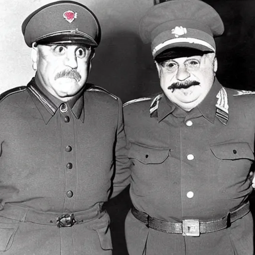 Prompt: 1942 photograph of Danny DeVito in a Soviet officer's uniform standing next to Joseph Stalin