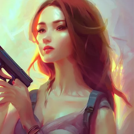 Image similar to beautiful woman with a gun, artstation, wlop, Volegov, highly detailed