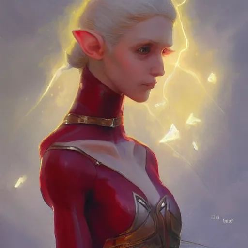 Prompt: a painting of an female elf wearing a skintight dress with blonde hair red eyes. by edward robert hughes and craig davison and tooth wu and wlop and beeple and greg rutkowski. trending on artstation, highly detailed, volumetric lightning