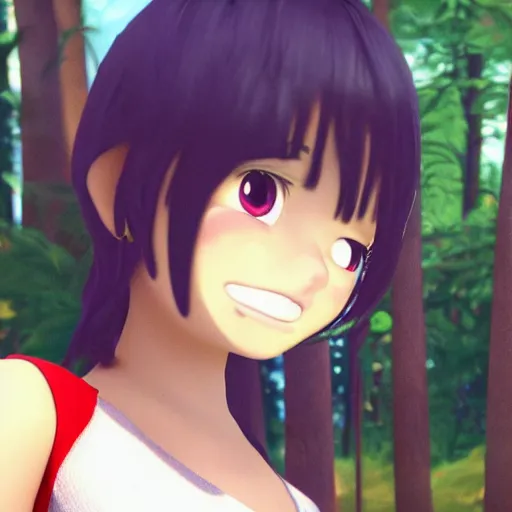 Image similar to 8k render, cinematic, semi-realistic, Instagram art, Pixar style Latina anime girl 3d, cute face black hair, curtain bangs, Latina, brunette, white t-shirt with red sleeves, wearing jeans, has fire powers, her hair is on fire, her hands are on fire powerful, she is in a forest, tropical forest, lots of foliage, character, trending on Deviantart