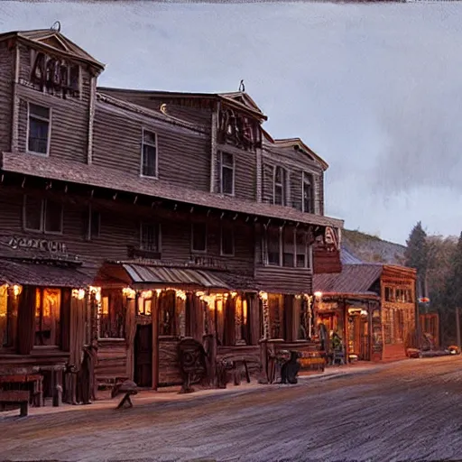 Prompt: from a movie scene, painting of a western saloon exterior in old town, gregory crewdson