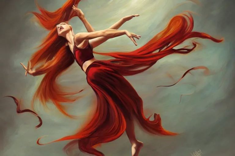 Image similar to a dancer with swirling hair is in the wind by julie bell, trending on artstation