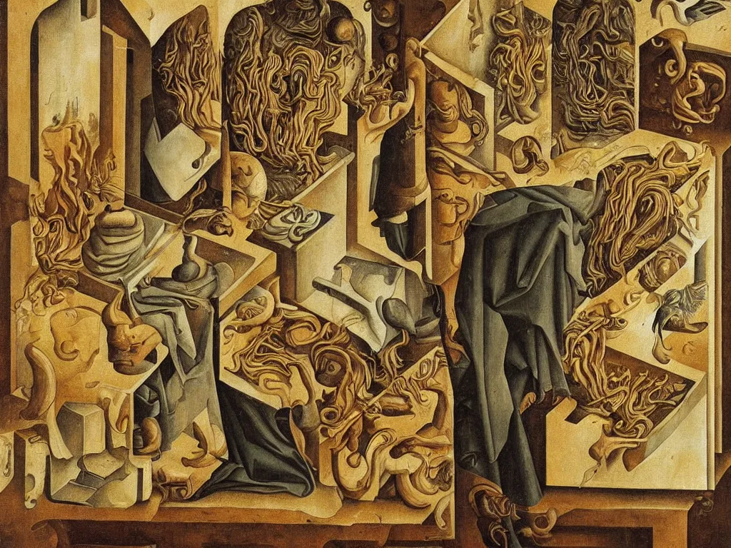 Prompt: obituary for an alchemist. painting by carlo crivelli, rene magritte