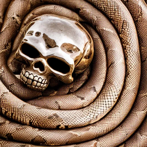 Prompt: large coiled snake with a chrome skull as the head, XF IQ4, f/1.4, ISO 200, 1/160s, 8K, RAW, unedited, symmetrical balance, in-frame