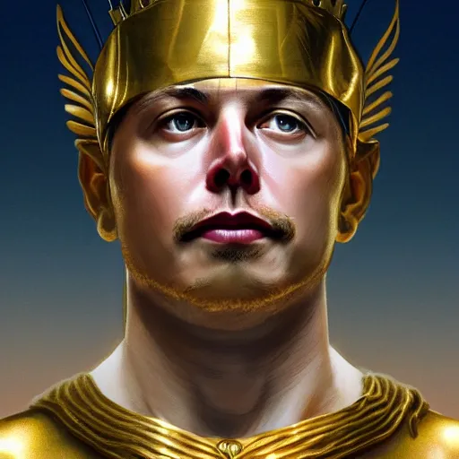 Image similar to portrait of Elon Musk as a greek god, marble statue, greek mythology, gold crown and filaments, intricate, headshot, highly detailed, digital painting, artstation, concept art, sharp focus, cinematic lighting, illustration, art by artgerm and greg rutkowski, alphonse mucha, cgsociety