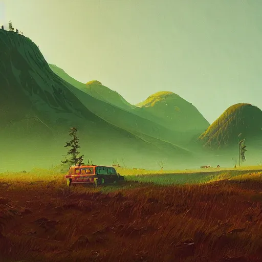 Image similar to green mountains, by simon stalenhag