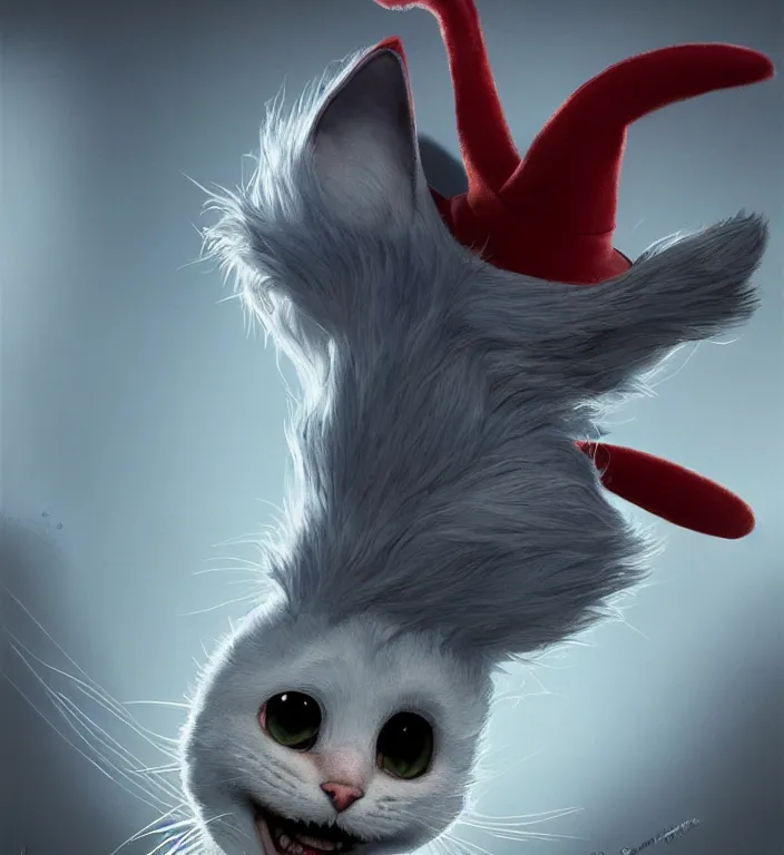 Image similar to complex 3 d render, hyper detailed, ultra sharp, of the cat in the hat, scary, cinematic, natural soft light, rim light, art by greg rutkowski and artgerm and moebius, dr seuss