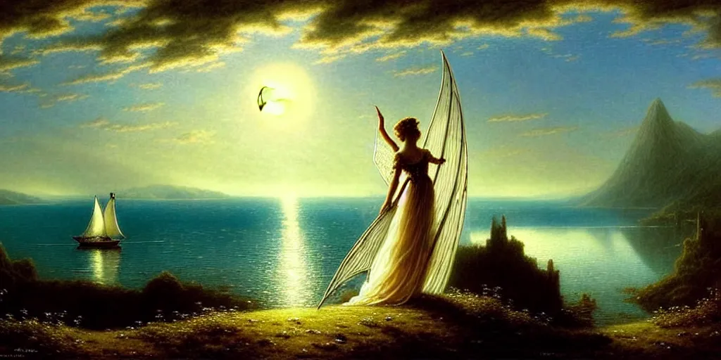 Image similar to an elegant fairy queen in a blue lace dress dancing looking out at a lord of the rings scenery landscape, staring across the sea at a white timber sail boat, evening, god's rays highly detailed, vivid colour, soft clouds, full moon, cinematic lighting, perfect composition, gustave dore, derek zabrocki, greg rutkowski, belsinski