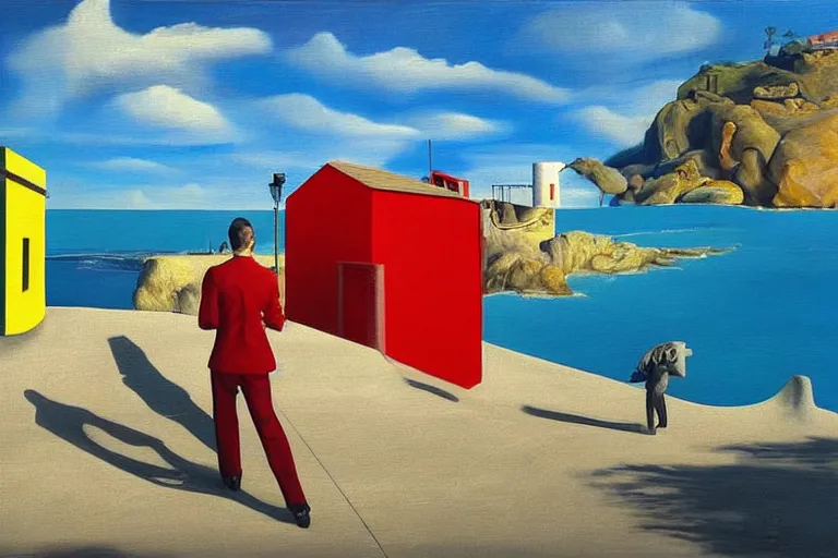 Image similar to a man in red playing the violin next to a yellow lightinghouse, the sun is shining and the ocean is blue, Painting, Fine Art, Unreal Engine, Salvador Dali