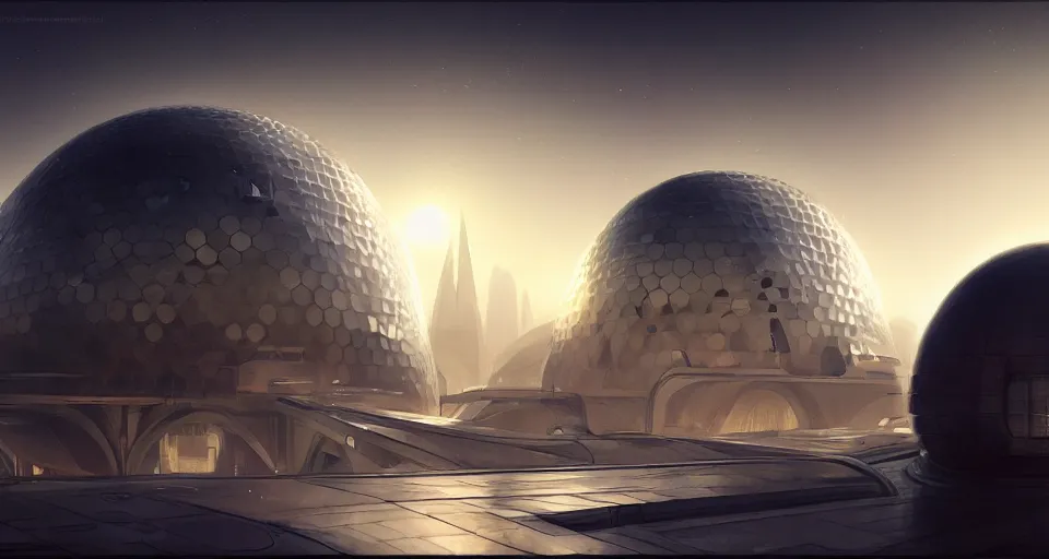 Image similar to cinematic shot, futuristic city on the moon, geodesic domes, digital painting, artstation, concept art, soft light, hdri, smooth, sharp focus, illustration, intricate, elegant, highly detailed, in the style of greg rutkowski and alphonse mucha and artemisia, 8 k, highly detailed, jurgens, rutkowski