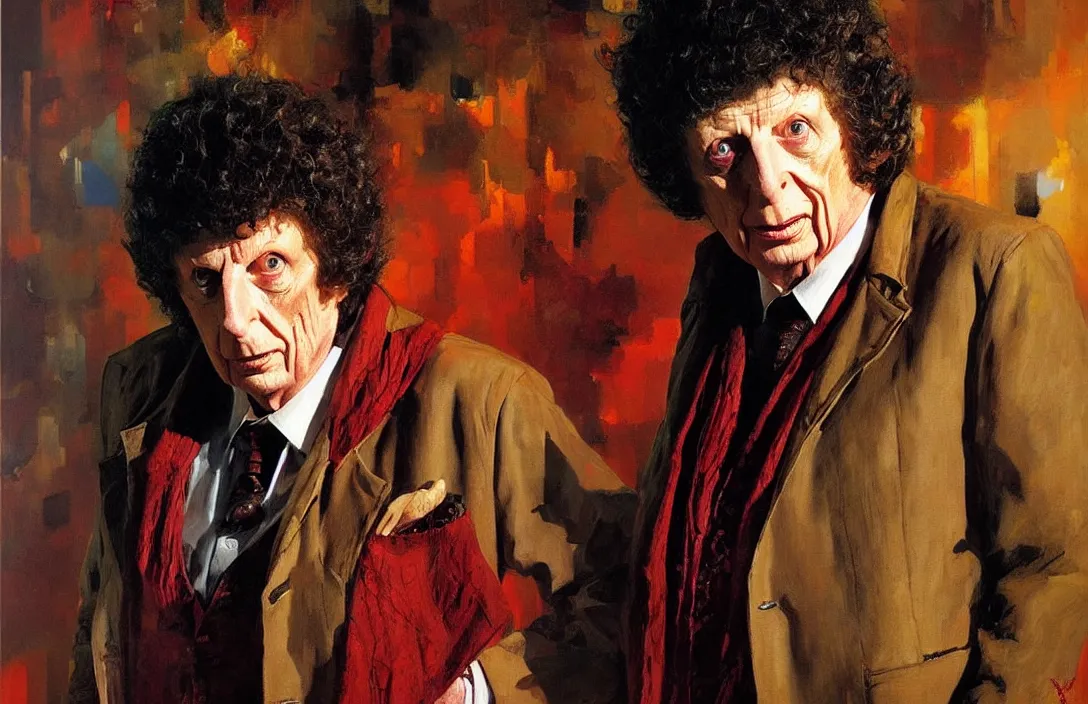 Image similar to portrait of tom baker as dr. who!!!!!!!!!!!!!!!!!!!!!!!!!!!, detailed face, detailed painting, epic lighting, by ilya repin, phil hale and kent williams