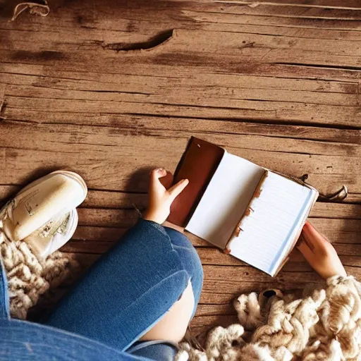 Image similar to a young woman finds a dusty diary on the floor of an old farmhouse, cinematic scene, movie, cinematic lighting