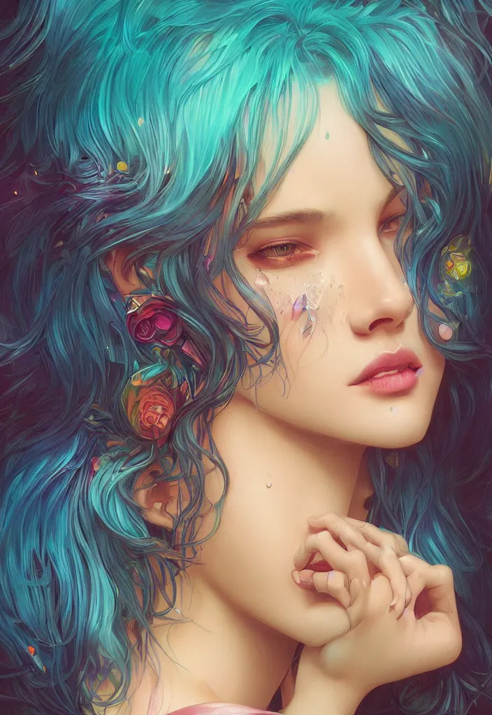 Image similar to beautiful, young woman, detailed gorgeous face, sad eyes, crying, vaporwave aesthetic, synthwave, colorful, psychedelic, artstation, concept art, smooth, extremely sharp detail, finely tuned detail, ultra high definition, 8 k, unreal engine 5, ultra sharp focus, illustration, art by artgerm and greg rutkowski and alphonse mucha