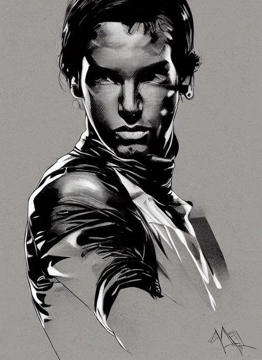 Image similar to portrait of a young man with black hair wearing a black turtleneck. scars on his body. young man brown skin. art by martin ansin, martin ansin artwork. portrait.