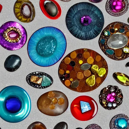 Prompt: roughly circular precious stones of different colours and materials laid out in a regular pattern