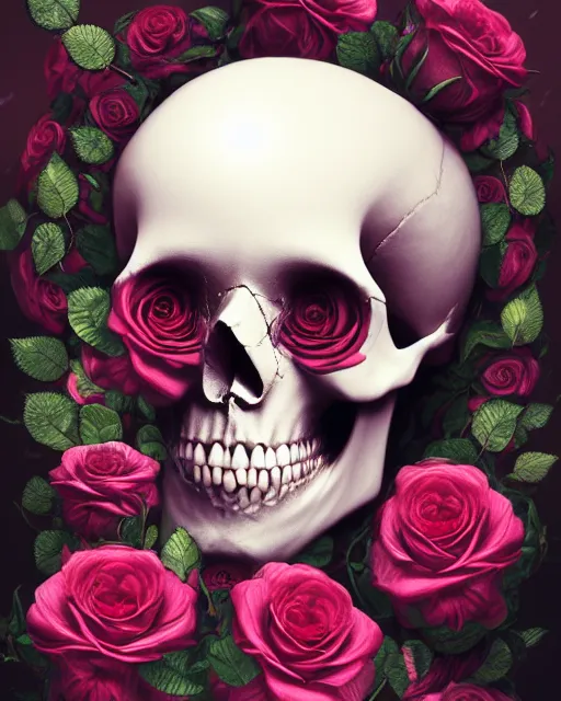 Prompt: portrait of a female skull with roses instead of eyes. roses, intricate abstract upper body intricate artwork, by tooth wu, wlop, beeple, dan mumford. concept art, octane render, deviantart, greg rutkowski, cinematic arthouse, key art, hyper realism, iridescent accents