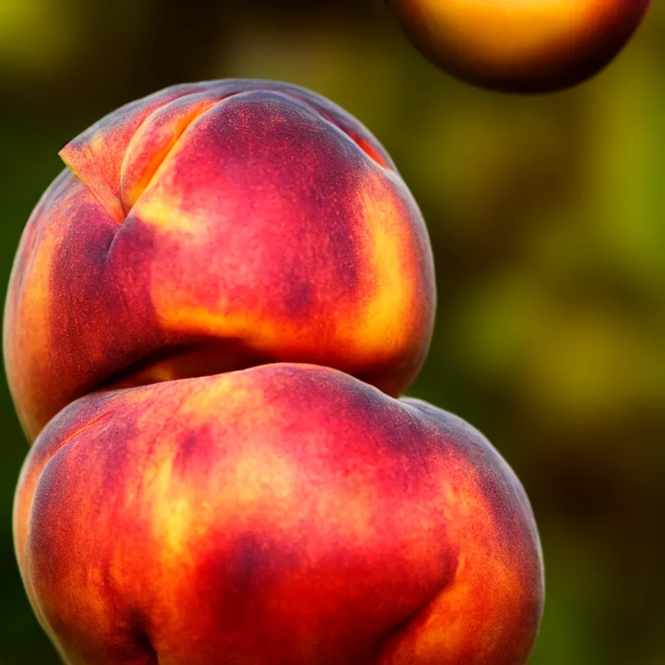 Prompt: A human-like juicy peach, if was made of pale human skin. Close-up. Photorealistic. Bokeh.