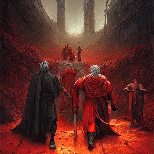 Prompt: Dante Alighieri and the poet Virgil walking through hell by Marc Simonetti