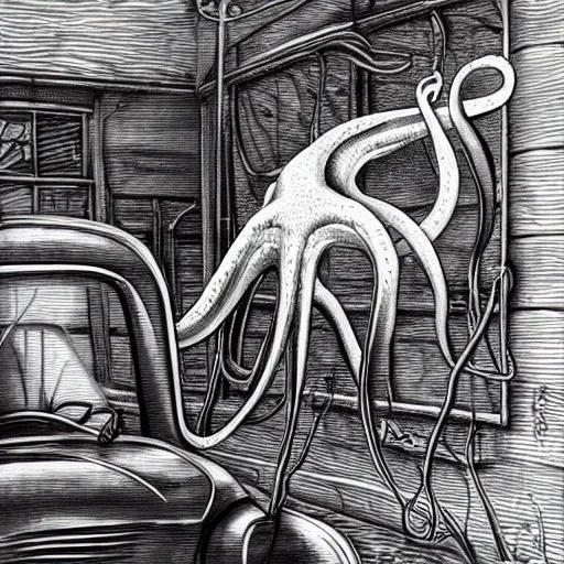 Prompt: a realistic octopus in a car repair shop, engraving, ink, sempe