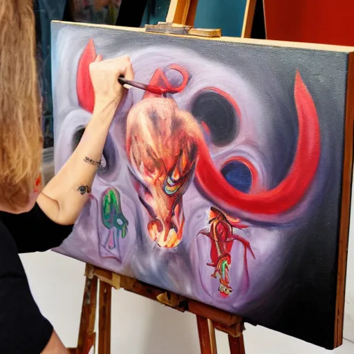 Prompt: a photo of a artist painting of - an artist drawing a satanic ritual on canvas with oil paint -