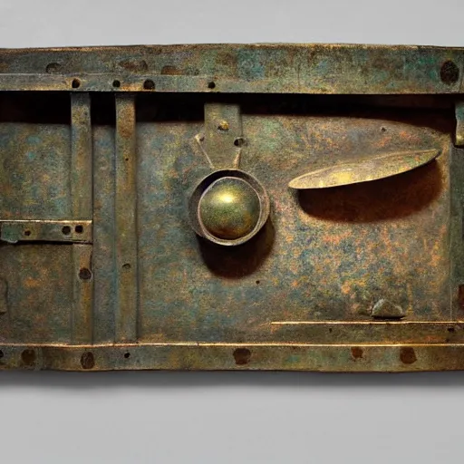 Prompt: a martian artifact in a museum with a placard, bronze, old, alien, verdigris, mechanical