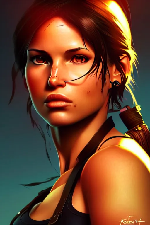 Image similar to lara croft portrait artwork by ilya kuvshinov, autumn natural lights