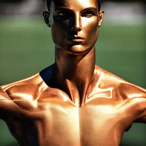 Image similar to a realistic detailed photo of a guy who is an attractive humanoid who is half robot and half humanoid, who is a male android, soccer player cristiano ronaldo, shiny skin, posing like a statue, blank stare, by the pool, on display, showing off his muscles, humanoid robot, gold soccer shorts