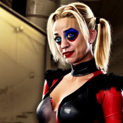 Image similar to A still of Kaley Cuoco as Harley Quinn