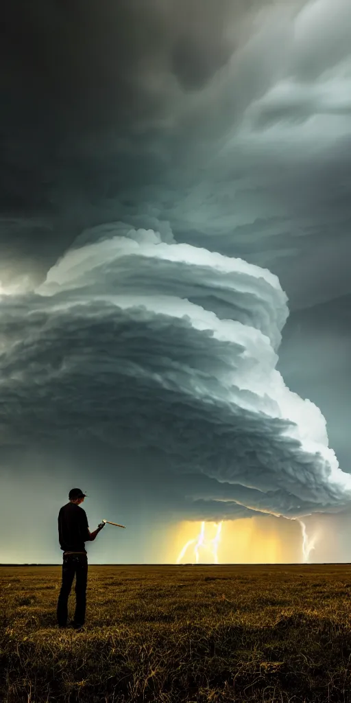 Image similar to a man resting smoking a joint at the end of the world, a supercell storm dark and brooding far away in the distance, open farming fields the foreground during sunset, by stephen king, storm of all storms, end of the world, nature, cinematic, hyperrealistic, evil, dark, cgsociety, 8 k