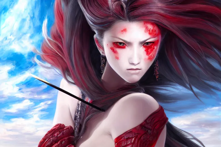 Image similar to beautiful girl holding a ego sword with red eye imprint at the top of clouds, extremely detailed and beautiful aesthetic face, seductive pose, super detailed eyes, highly detailed, digital painting, highlight scene of the movie, smooth, illustration, unreal engine 5, 8 k, art by hiroaki samura and jiro matsumoto and yusuke murata